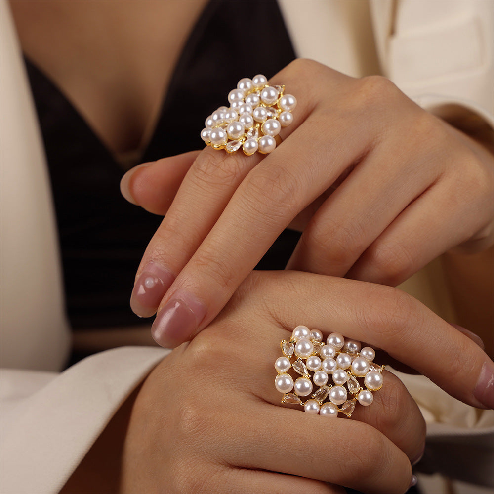 New fashion light luxury copper material irregular design zircon imitation pearl adjustable ring jewelry women