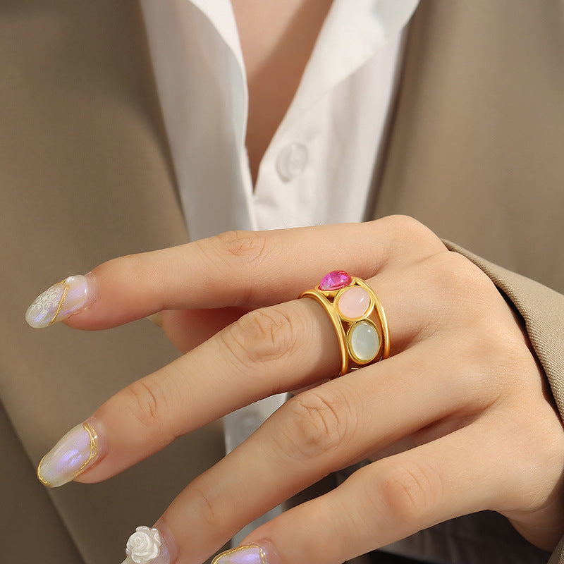 Light luxury retro court style mixed color titanium steel plated 18K gold open ring geometric design jewelry femininity pp