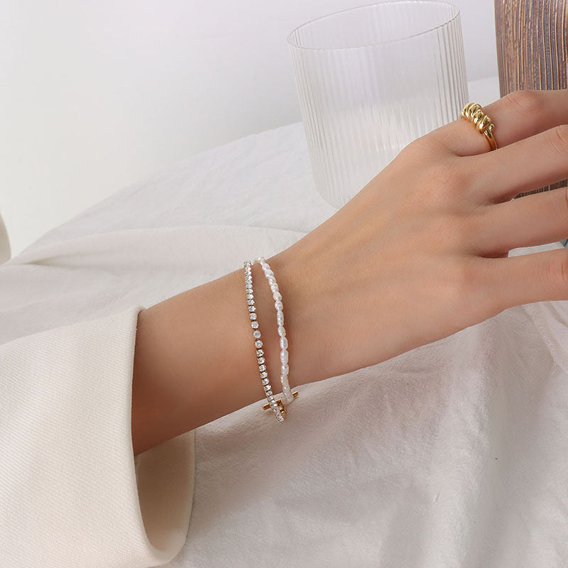 Simple, small and fresh double-layer titanium steel bracelet, freshwater pearl zircon 18K real gold jewelry, women's bracelet, women's pp.
