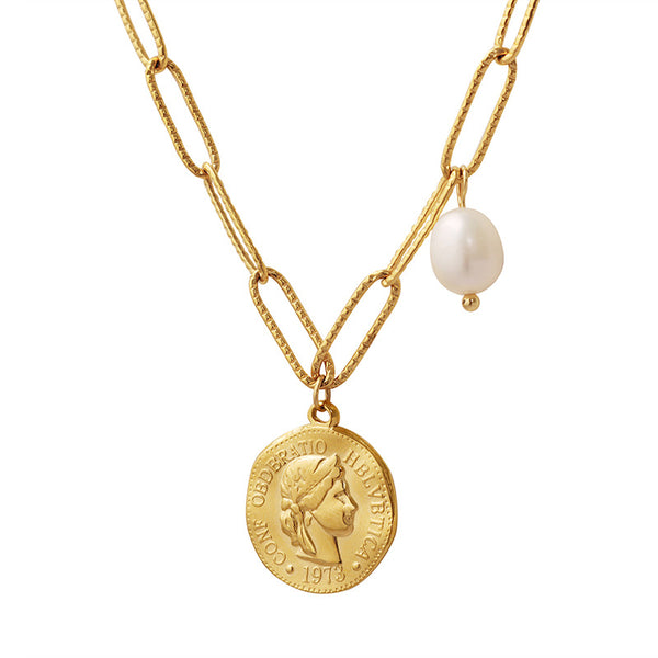 Trendy Hip Hop Retro Classic Portrait Round Brand Freshwater Pearl Pearl Pendant Necklace Hot Selling Jewelry