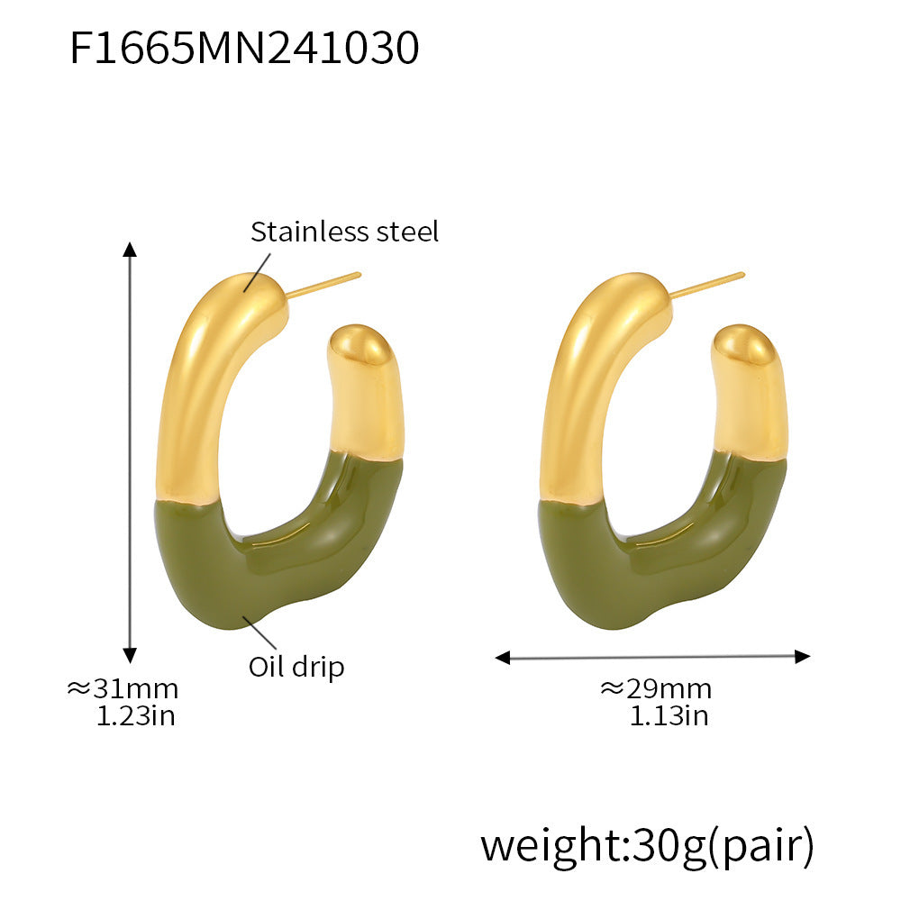 Geometric C-shaped half-drop oil stud earrings niche temperament versatile stainless steel plated 18k gold earrings women