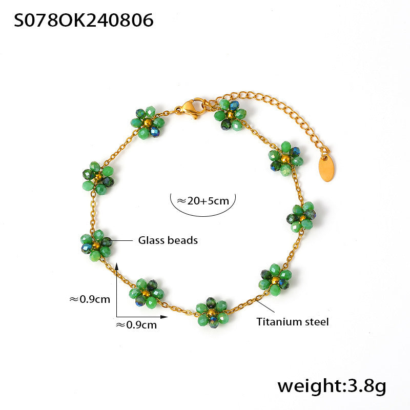 Beaded necklace bracelet anklet handmade girl flower glass bead titanium steel chain jewelry set 99
