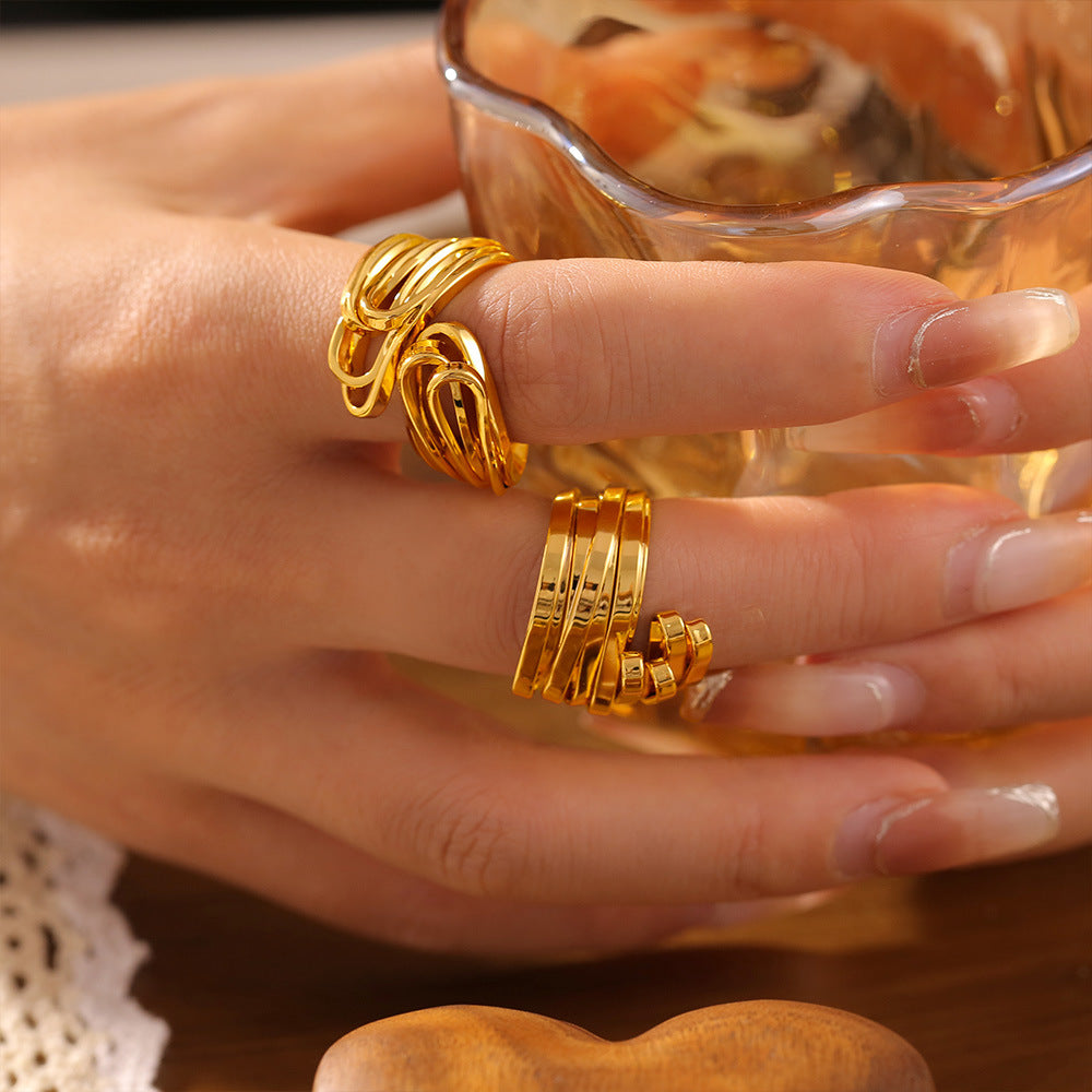 Folded hollow line splicing ring copper plated with 18k real gold does not fade cold wind opening ring pp