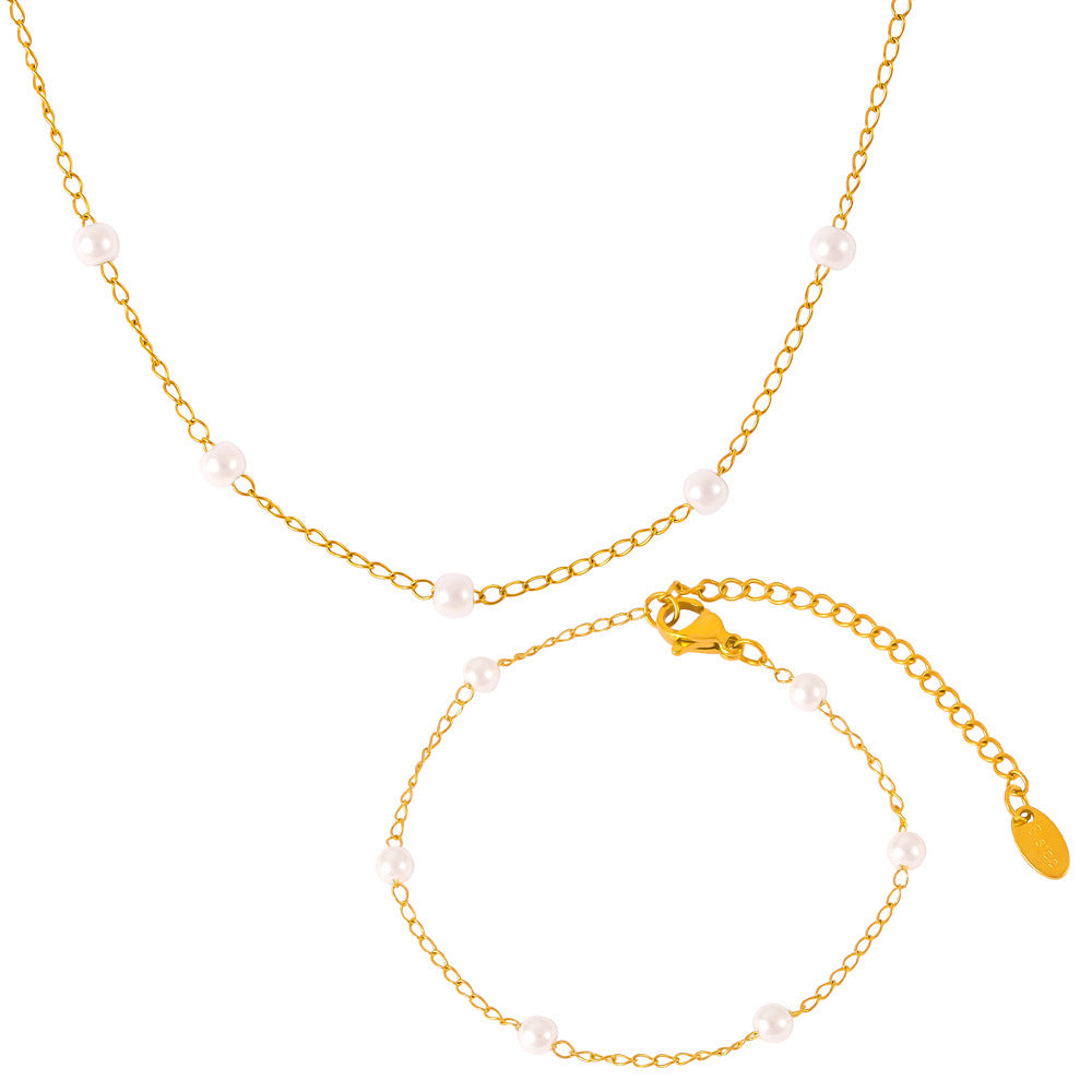 Hepburn style temperament elegant niche minimalist jewelry gentle bead beaded design titanium steel gold-plated jewelry set
