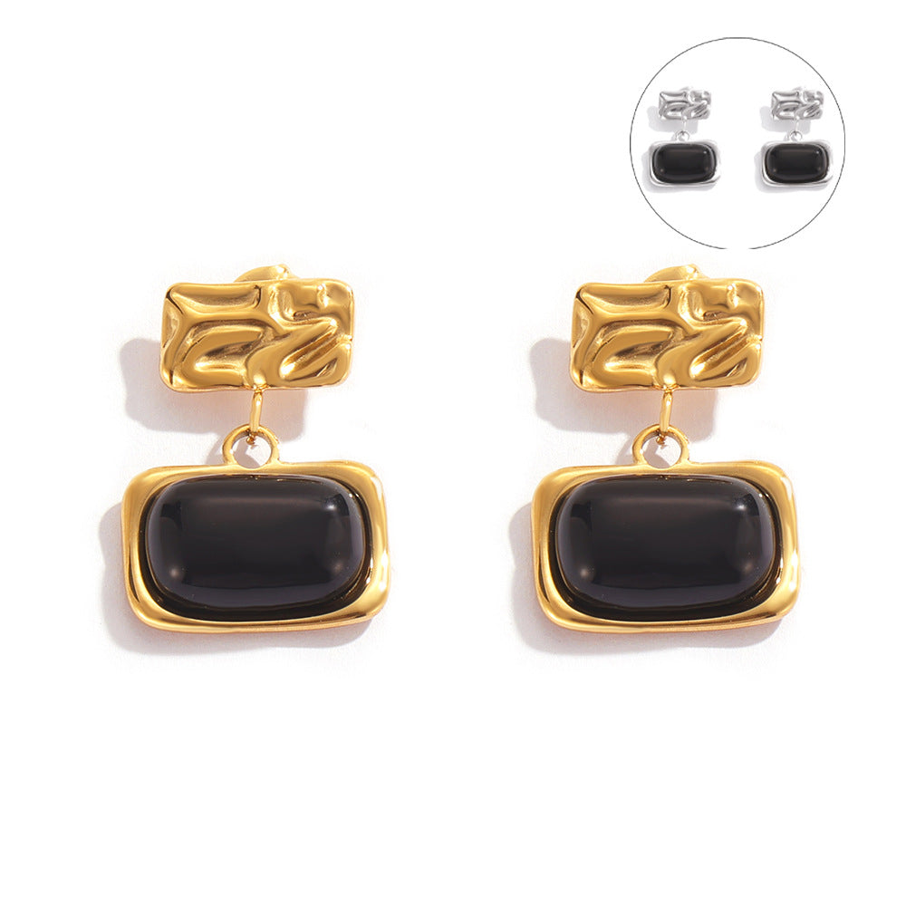 Wind retro niche pleated texture square brand earrings inlaid with black glass design titanium steel gold-plated earrings