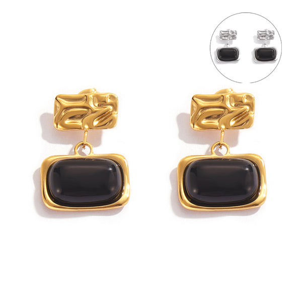 Wind retro niche pleated texture square brand earrings inlaid with black glass design titanium steel gold-plated earrings