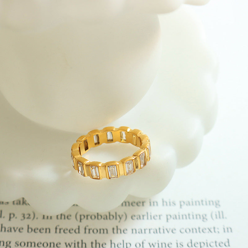 A419-Full diamond zircon ring titanium steel gold-plated index finger ring niche does not fade