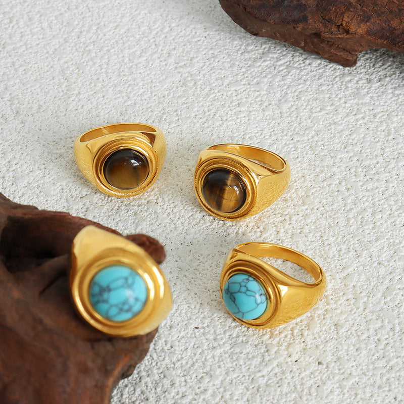 New Empress Dowager Tiger's Eye Blue Turquoise Retro Court Light Luxury Couple Titanium Steel Ring Ring