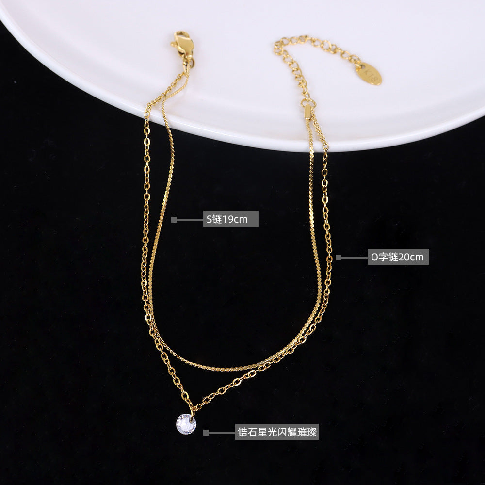 Cold wind light luxury personality double-layer simple niche inlaid zircon titanium steel plated 18k gold foot decoration