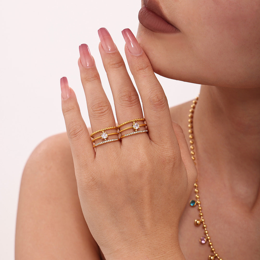 Creative three-layer inlaid zircon ring opening adjustable multi-layer design stainless steel gold-plated index finger ring spot 99