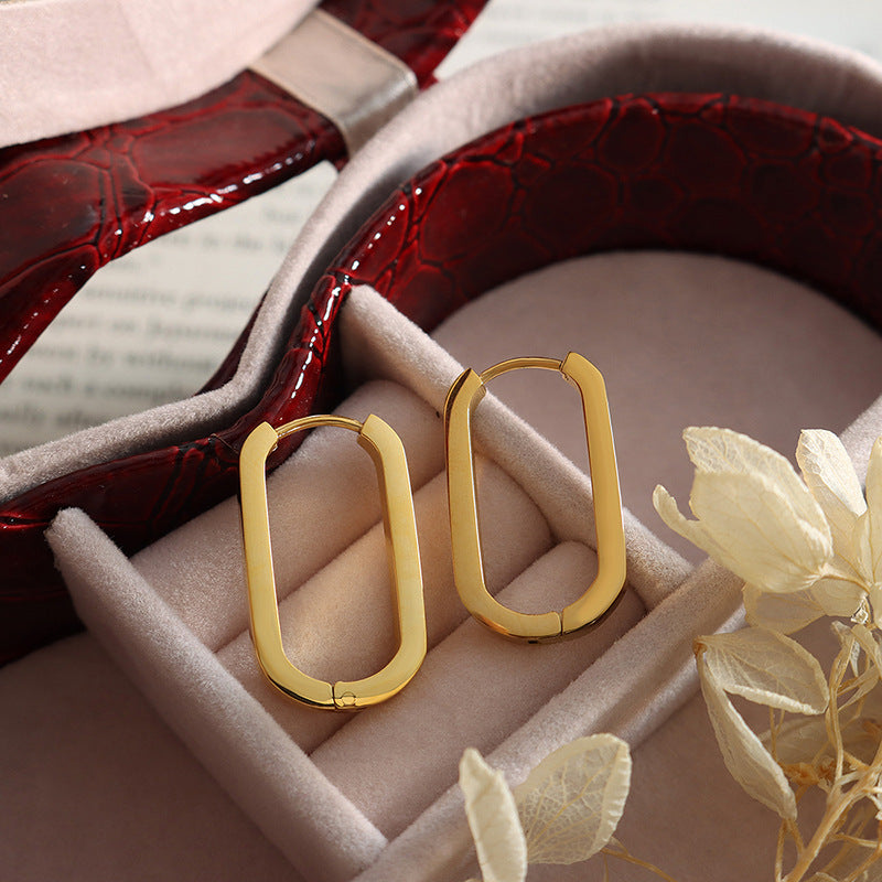 Autumn and winter cold wind geometric oval rectangular earrings titanium steel gold-plated stud earrings jewelry F34299