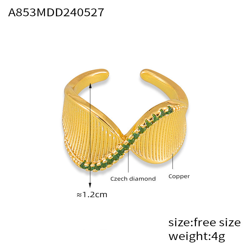 Fashion commuting, simple and cold wind, personalized jewelry, twisted shape, striped design, inlaid with colored diamonds, copper ring