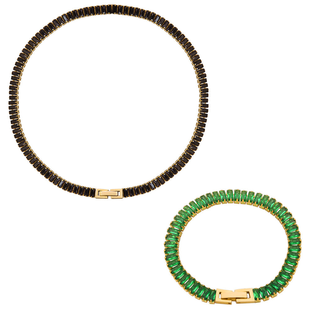 Solid color retro colored diamond zircon inlaid non-fading necklace bracelet jewelry set hot-selling jewelry