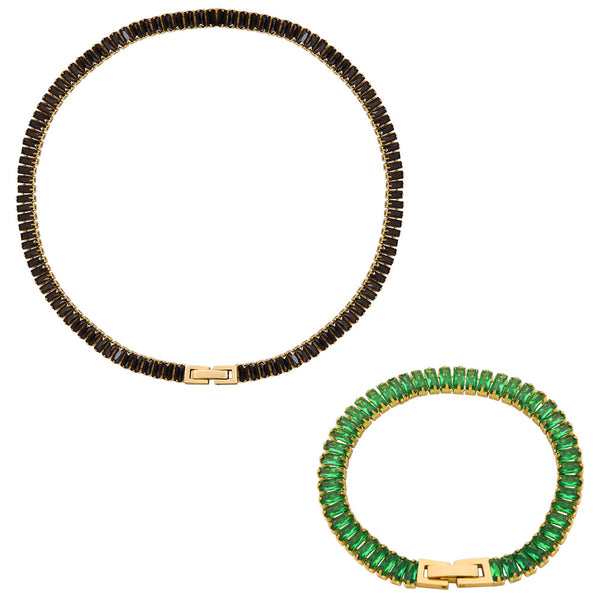 Solid color retro colored diamond zircon inlaid non-fading necklace bracelet jewelry set hot-selling jewelry