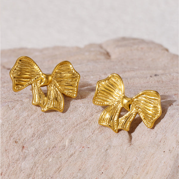 Korean version of light luxury bow earrings earrings niche line design temperament stainless steel plated real gold women