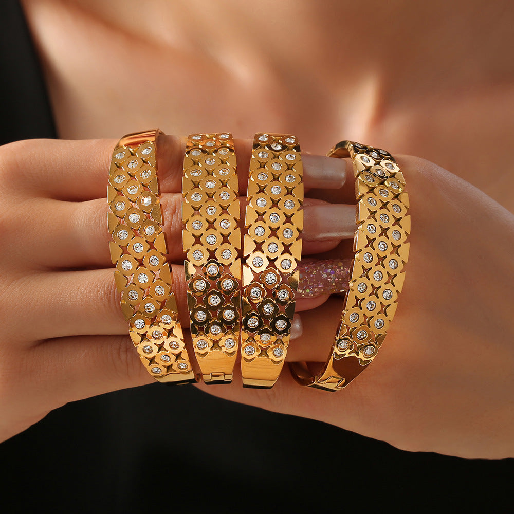 Chic style fashionable simple elegant versatile titanium steel gold-plated jewelry geometric hollow design sense diamond-encrusted versatile bracelet pp