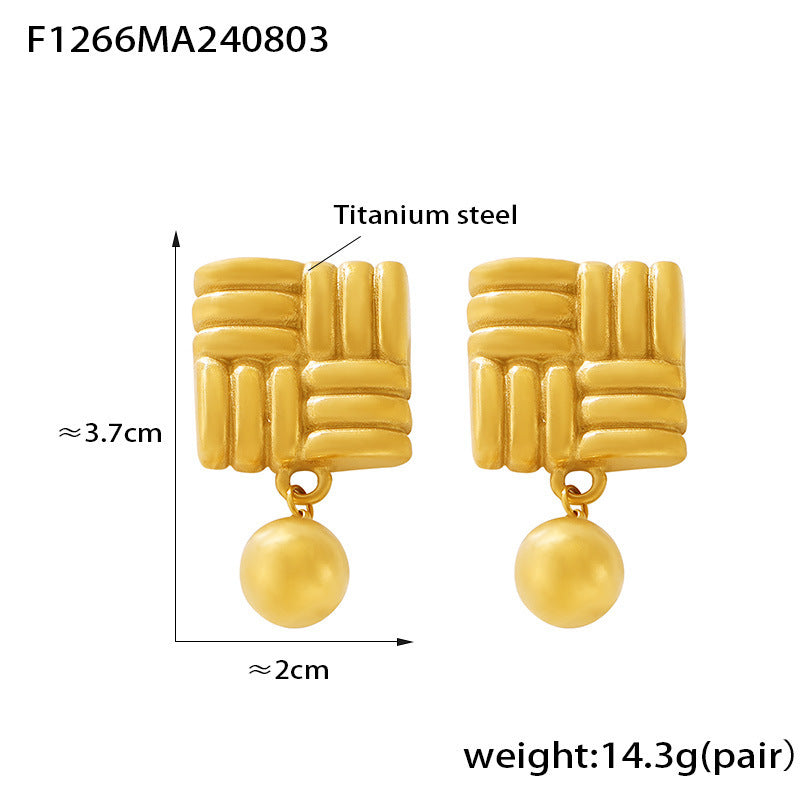 Retro knitted texture square brand ball pendant earrings plated with 18k gold titanium steel fashionable personalized fringed earrings