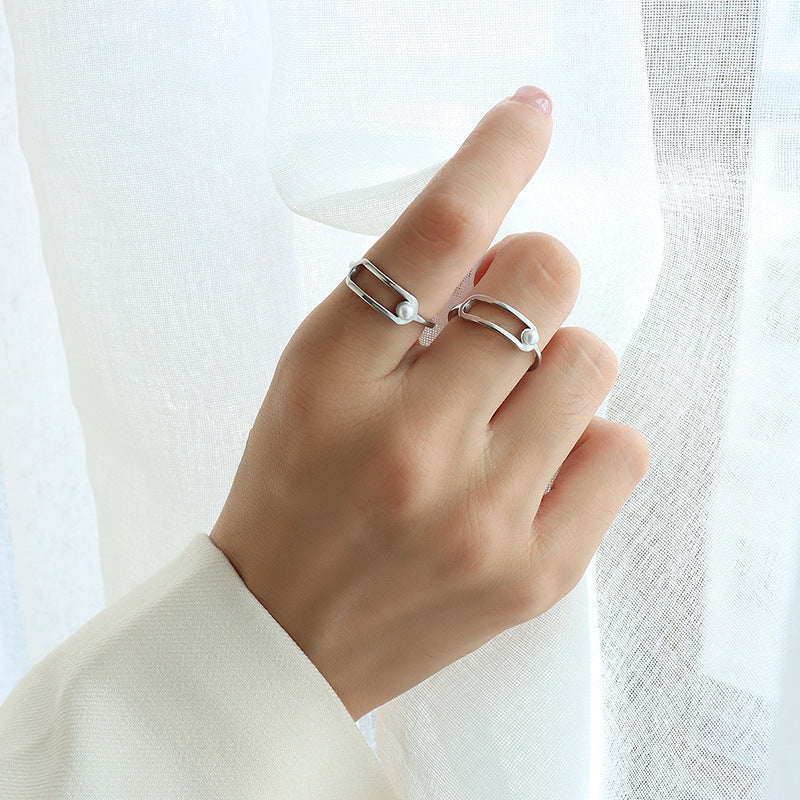 Design Titanium steel gold-plated non-fading personalized geometric return ring versatile imitation pearl personalized ring 99