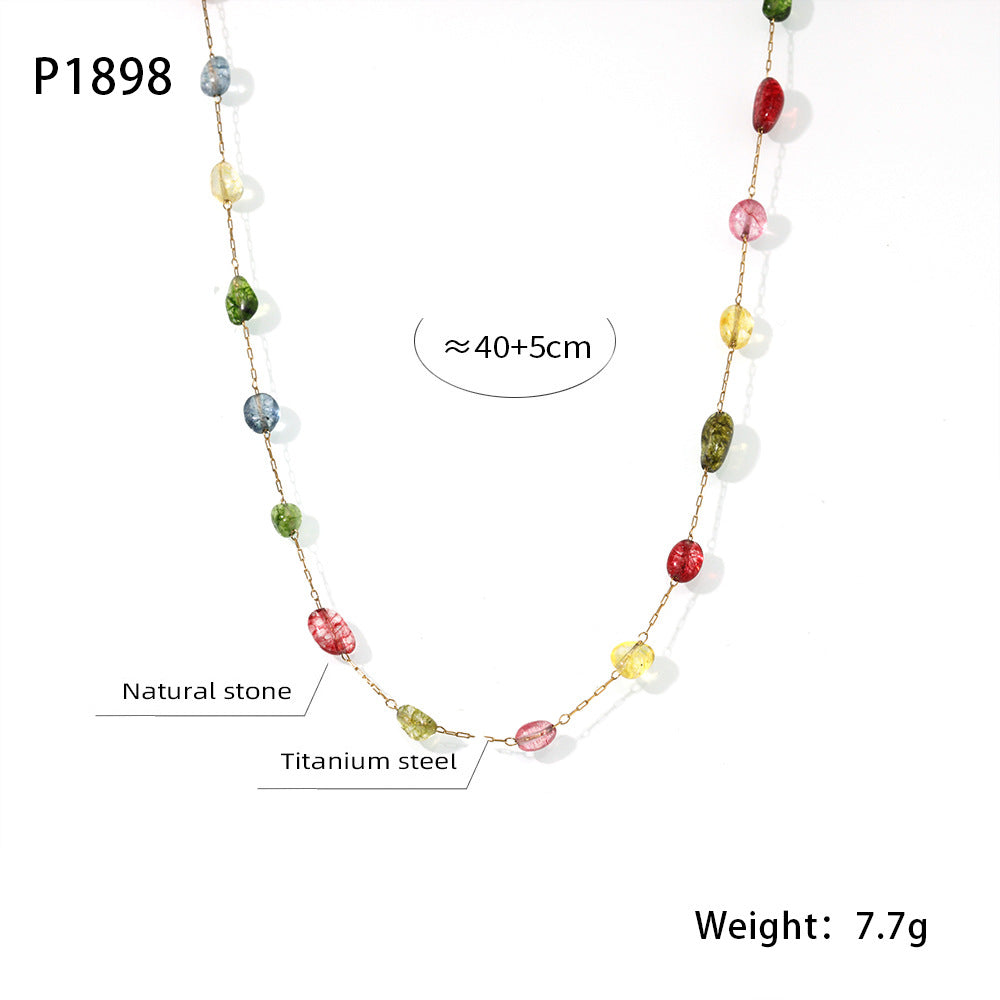 Fashion Personality Niche Titanium Steel Gold-plated Natural Stone Pendant Handmade Beaded Necklace Simple Jewelry Female 99