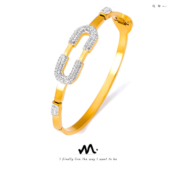 Simple niche personality bracelet geometric diamond-set design sense back-shaped spring titanium steel gold-plated bracelet pp