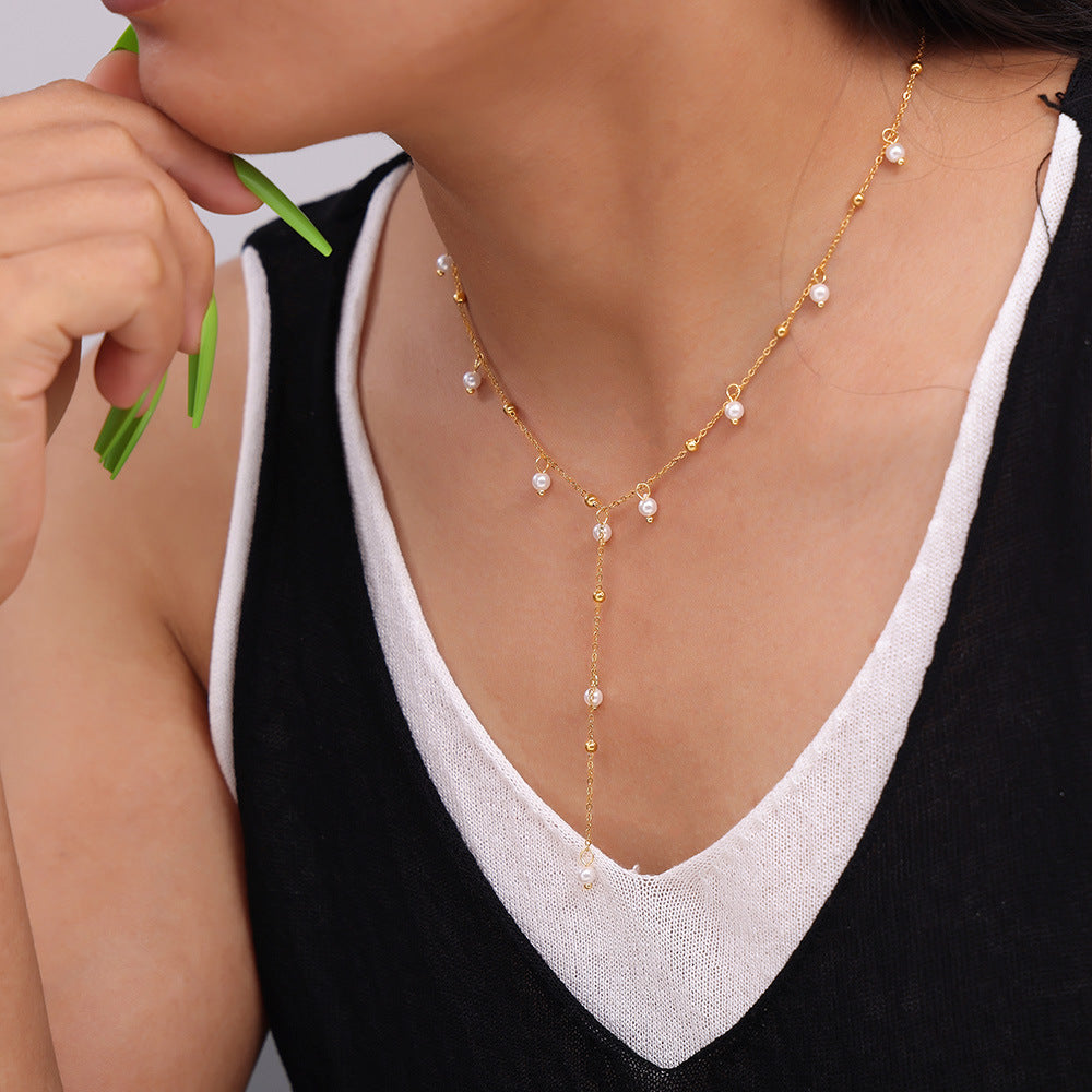 Fashion tassel necklace imitation pearl pendant necklace temperament sweet princess style plated 18k gold titanium steel jewelry pp