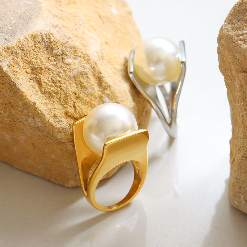 Y-shaped imitation pearl Italian designer unique style ring female exaggerated personality titanium steel plated 18k gold A166