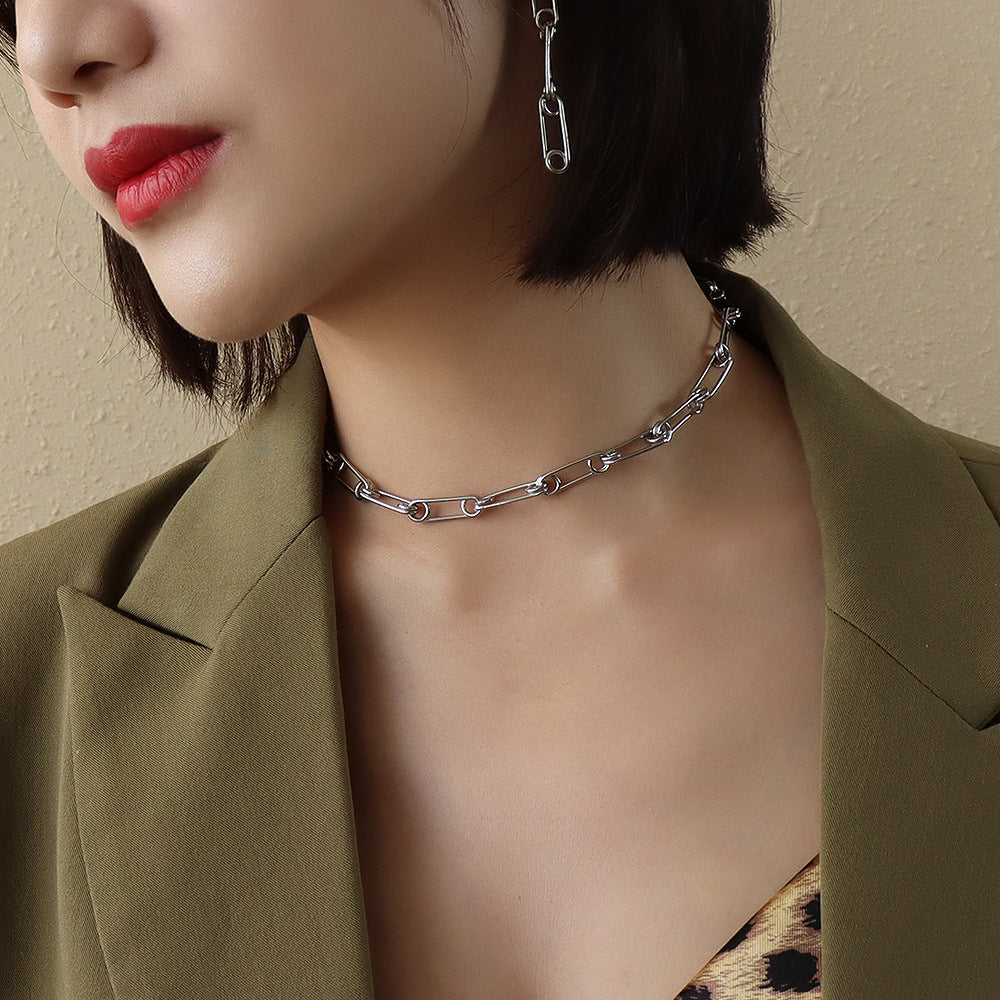 Marka Paper Clip Chain Neck Collar Titanium Steel 18k Gold Bracelet Earrings E245-P1046-F449