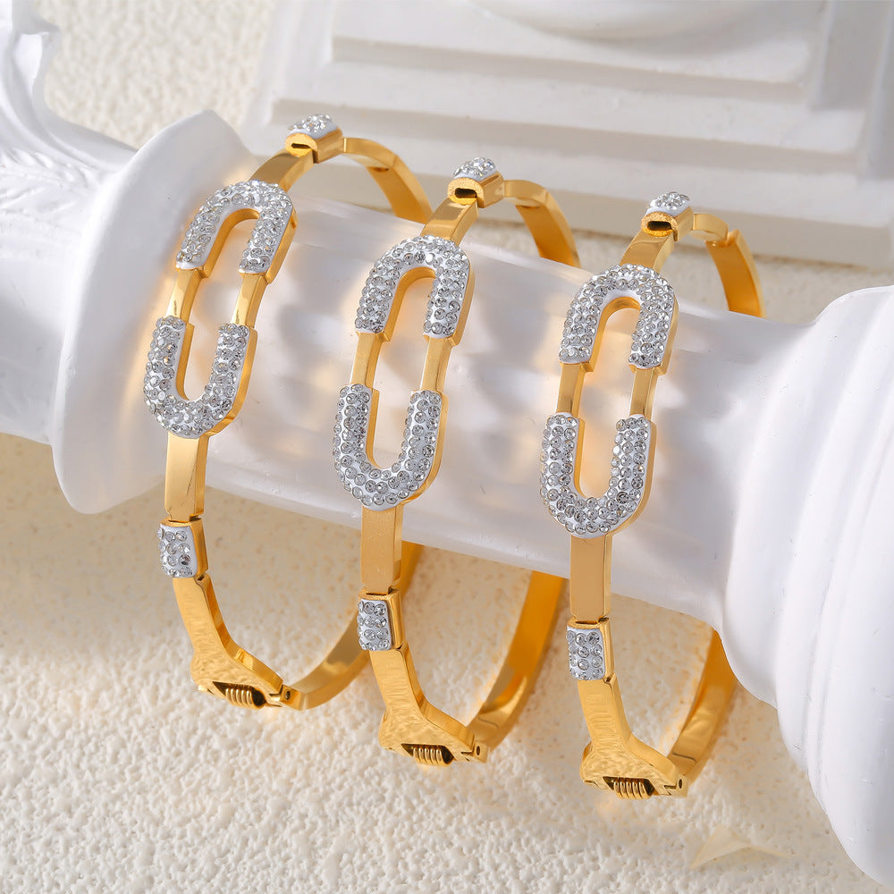 Simple niche personality bracelet geometric diamond-set design sense back-shaped spring titanium steel gold-plated bracelet pp