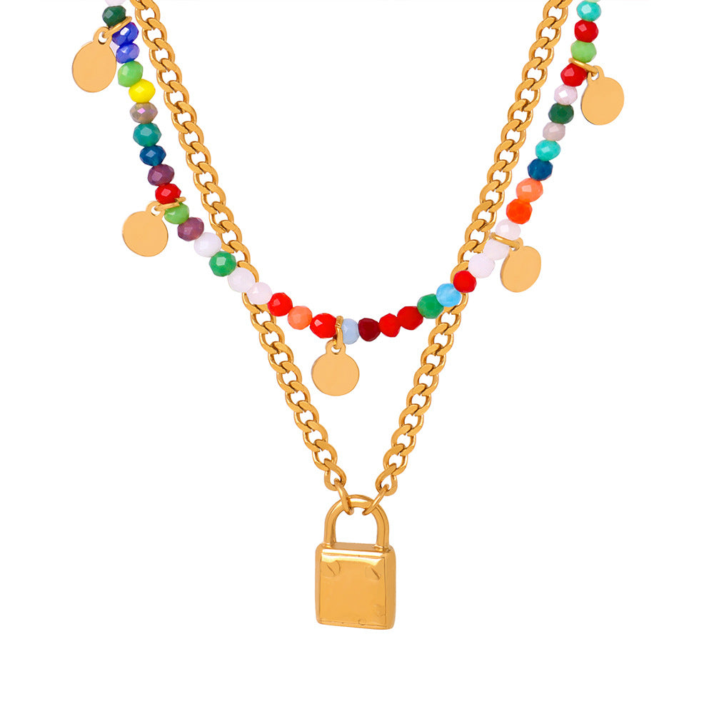 New light luxury high sense versatile clavicle chain titanium steel lock pendant glass rice beads handmade beaded necklace female