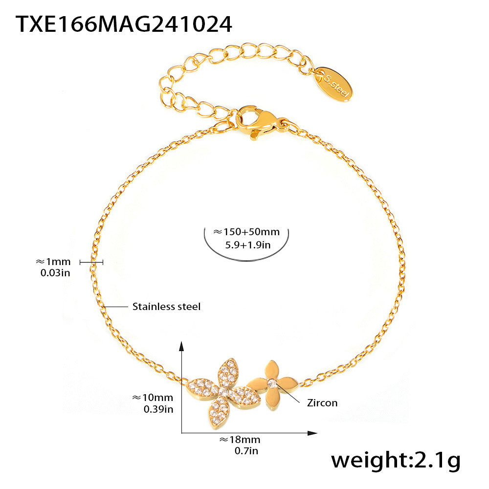 Zircon four-leaf flower double-layer collarbone necklace bracelet women's stainless steel PVD plating set