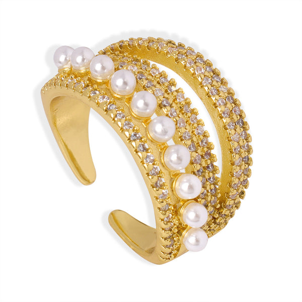 New fashion personality light luxury versatile copper material imitation pearl inlaid zircon multi-layer open ring jewelry women's wholesale