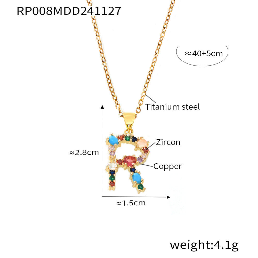 European and American cross-border copper micro-inlaid colored zircon 26 English letters personalized individual pendant niche hip-hop collarbone chain pp