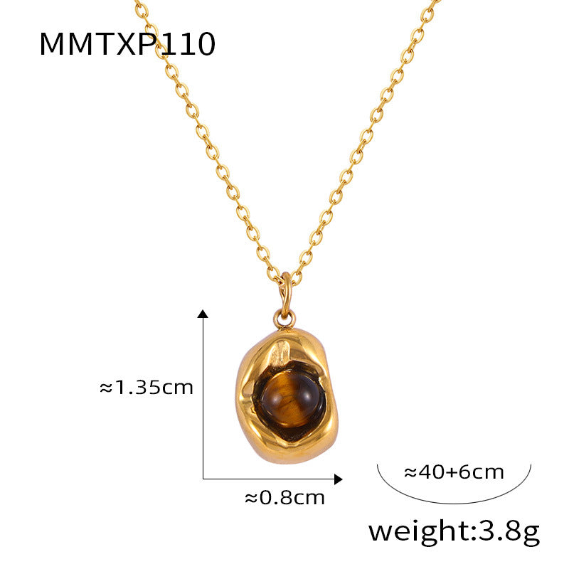 Retro niche jewelry sunken oval brand inlaid tiger's eye design pendant titanium steel jewelry set