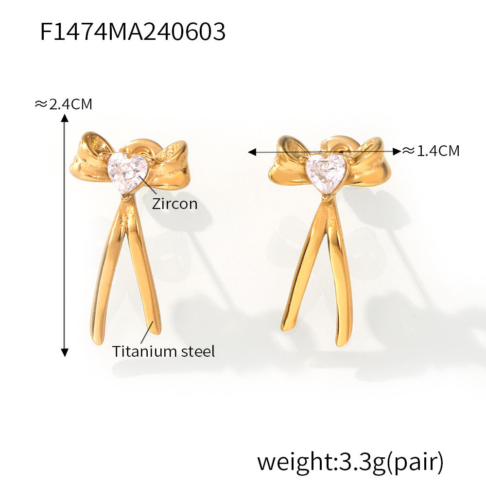 Light luxury bow tassel ribbon stud earrings stainless steel plated 18K real gold fairy earrings spot wholesale