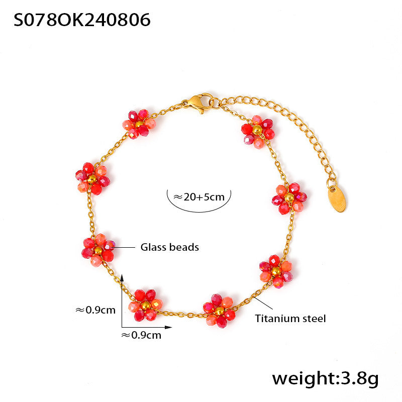 Beaded necklace bracelet anklet handmade girl flower glass bead titanium steel chain jewelry set 99