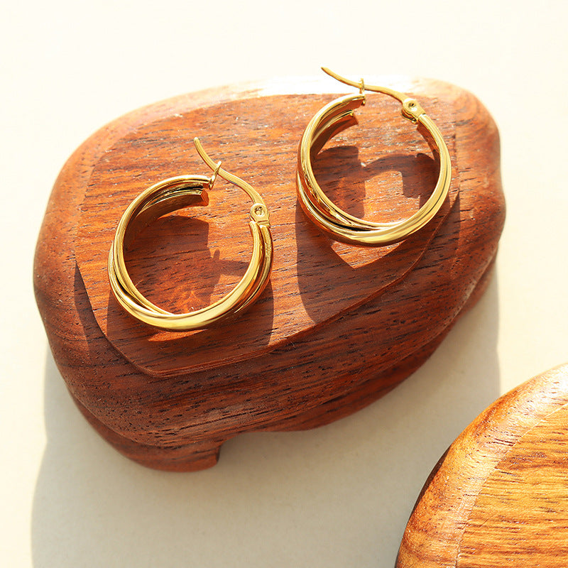 Cold wind and harbor style temperament double spell U shape earrings titanium steel plated 18k gold personalized earrings female F375