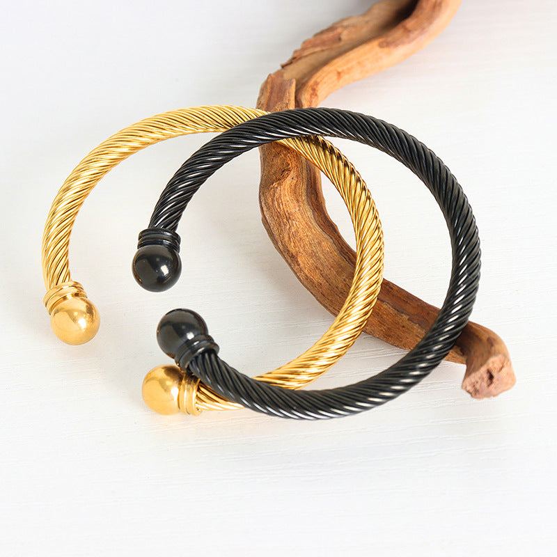 Personalized fashion men's and women's jewelry niche design steel wire ring open bracelet titanium steel plated 18K real gold does not fade pp