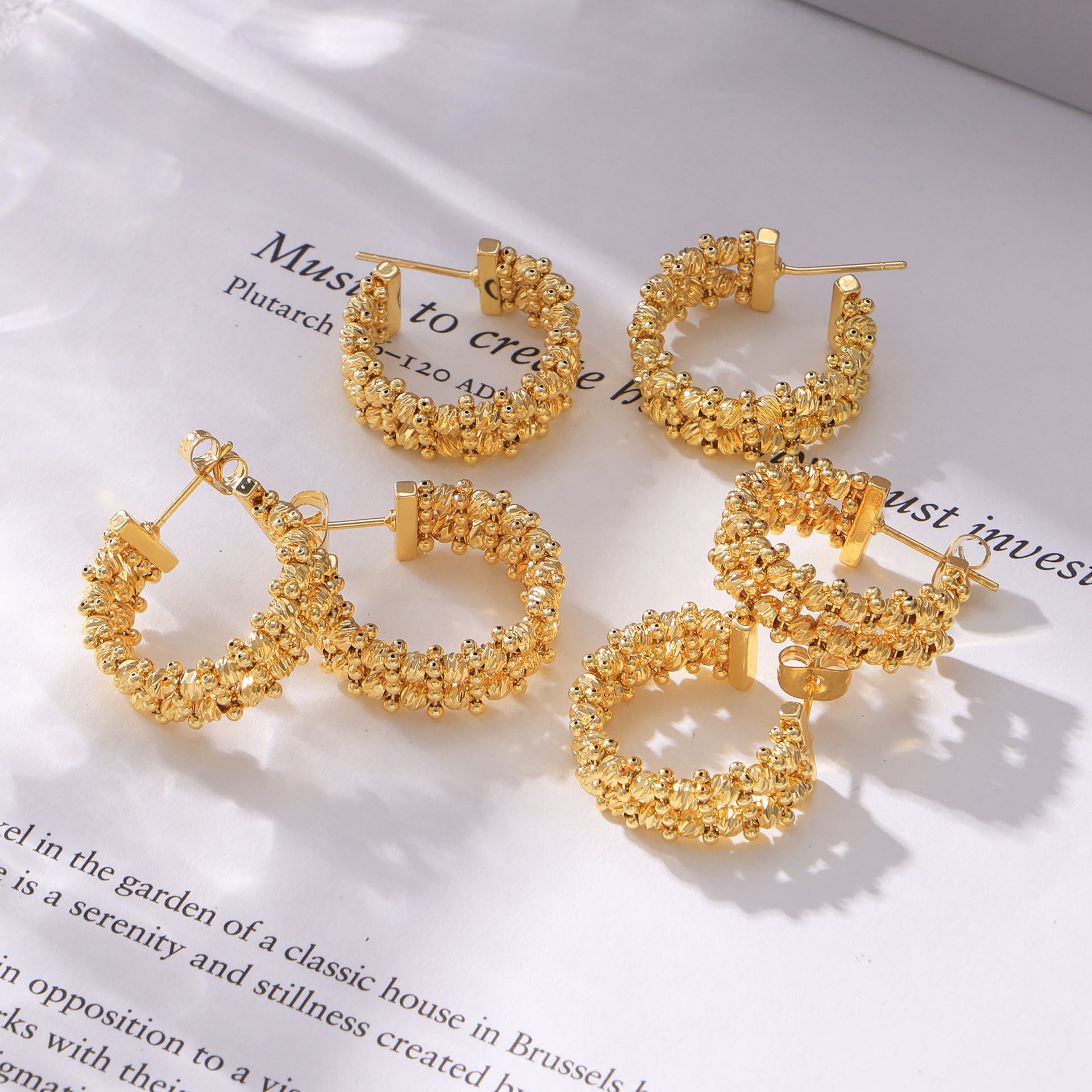 Hot-selling large and small gold beads splicing geometric C-shaped earrings European and American fashion personalized design copper earrings women