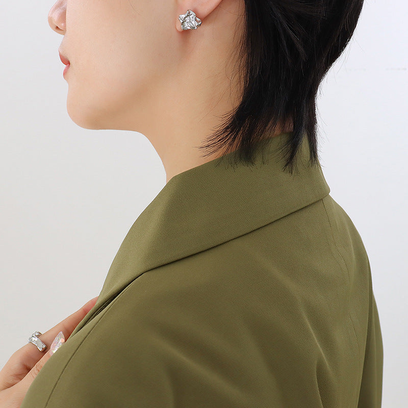 Women's retro temperament personalized style niche design embossed chic concave-convex ring earrings jewelry set pp