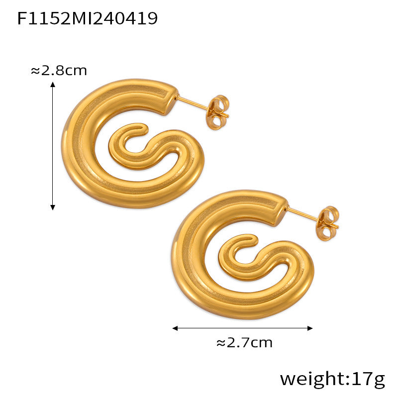 Retro niche personality temperament jewelry geometric engraving texture design titanium steel gold-plated C-shaped earrings