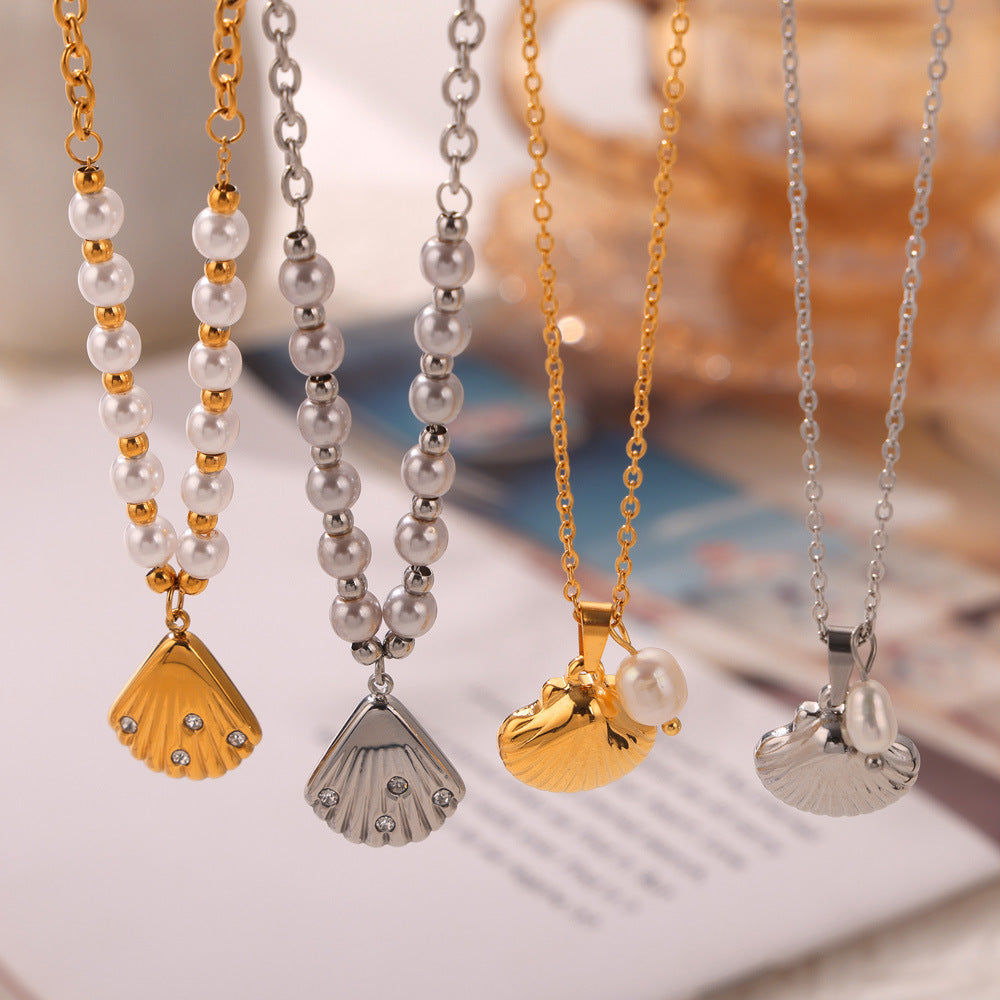 Personalized casual style jewelry with diamond shell shape design sense pendant, freshwater pearl titanium steel jewelry set pp