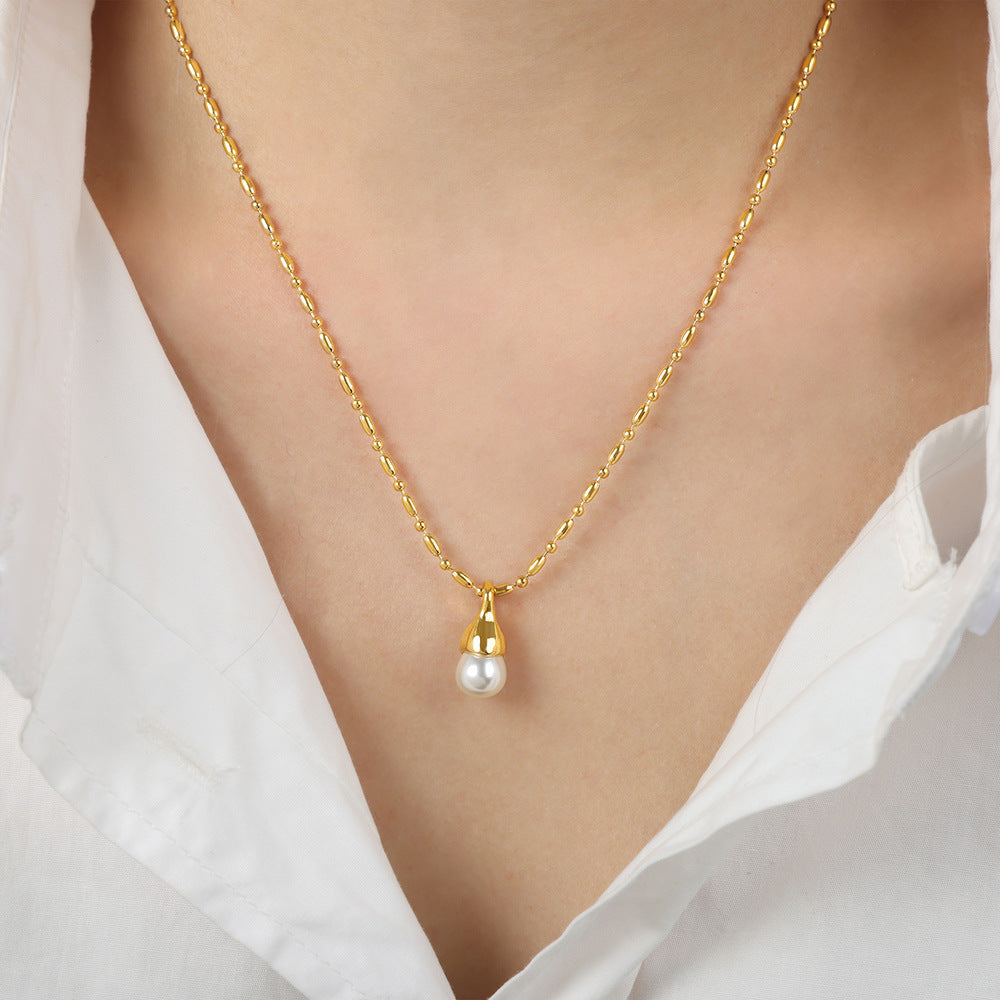 New light luxury simple niche design titanium steel gold-plated high-gloss bead pendant necklace fashion jewelry female pp