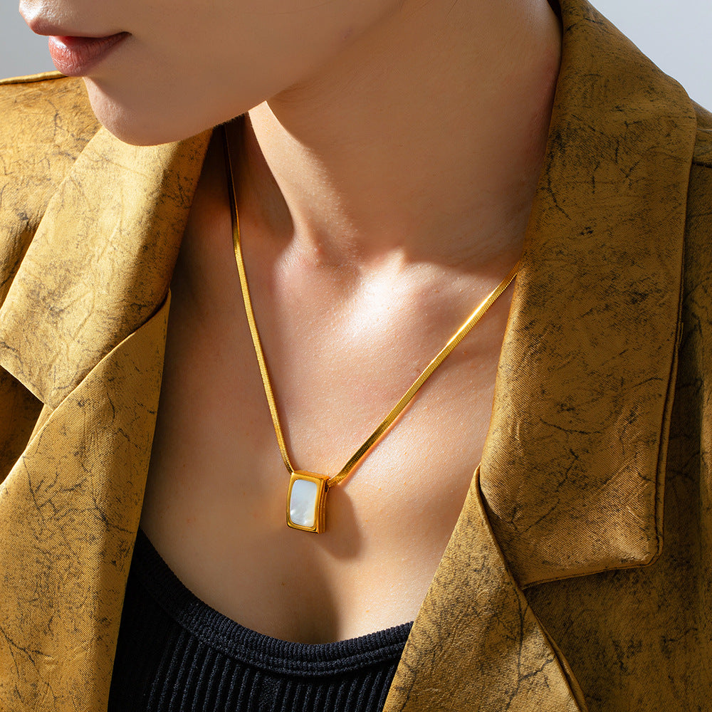 Retro temperament elegant personality blade chain jewelry geometric inlay white shell design pendant titanium steel necklace