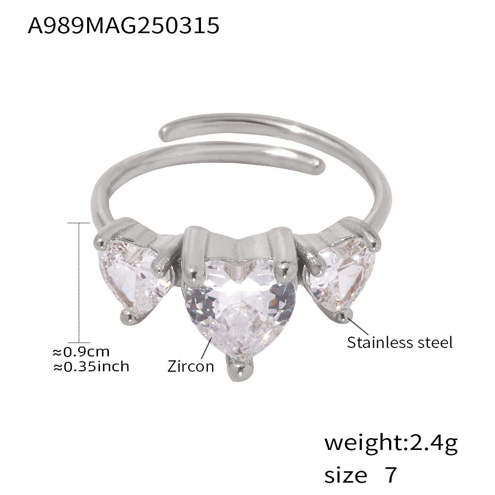 Stainless steel love super flash zircon ring opening adjustable jewelry simple and sweet jewelry