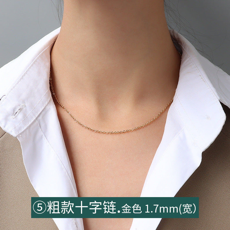 Cross chain Snake bone chain Twist chain Box chain Variety necklace Women's titanium steel plated 18K gold plain chain Clavicle chain jewelry 99