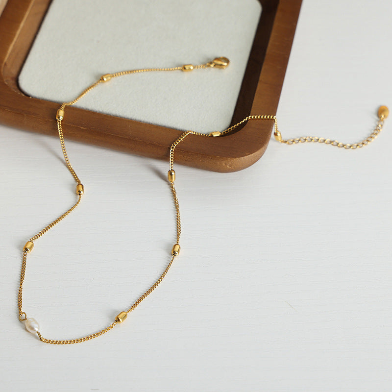 New light luxury simple niche design versatile titanium steel gold-plated freshwater pearl pendant titanium steel gold-plated necklace pp