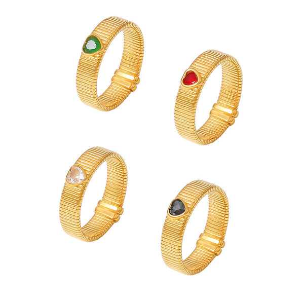 Vintage Step Texture Ring Colored Heart Glass Stone Ring Stainless Steel Plated 18k Real Gold Female