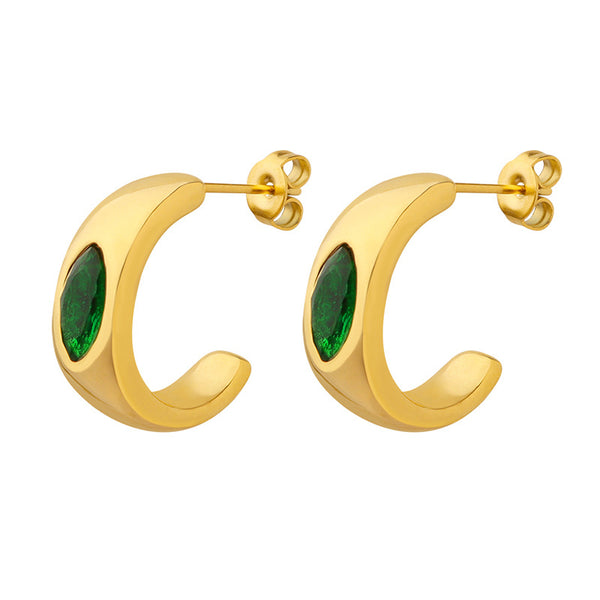 Dongdaemun retro niche C-shaped earrings inlaid with emerald zircon titanium steel plated 18K gold women's jewelry