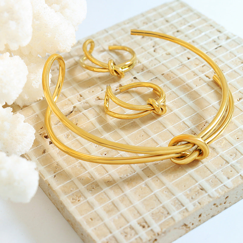 Jewelry Line Double Twist Line Knotted Open Ring Titanium Steel Plated 18k Gold Bracelet Jewelry Set