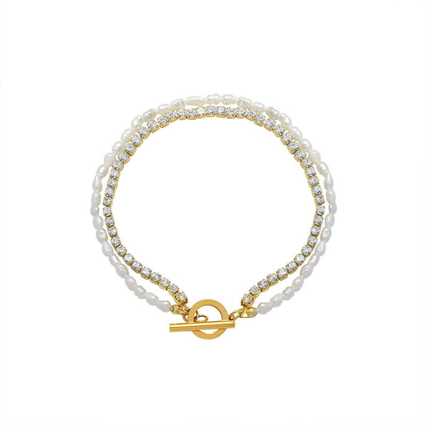 Simple, small and fresh double-layer titanium steel bracelet, freshwater pearl zircon 18K real gold jewelry, women's bracelet, women's pp.